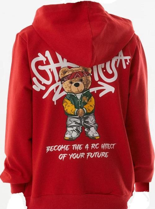 Erkek Çocuk /Kız Çocuk Önü Yazı Sırtı Ayıcık Desenli Kapüşonlu Kırmızı Sweatshirt