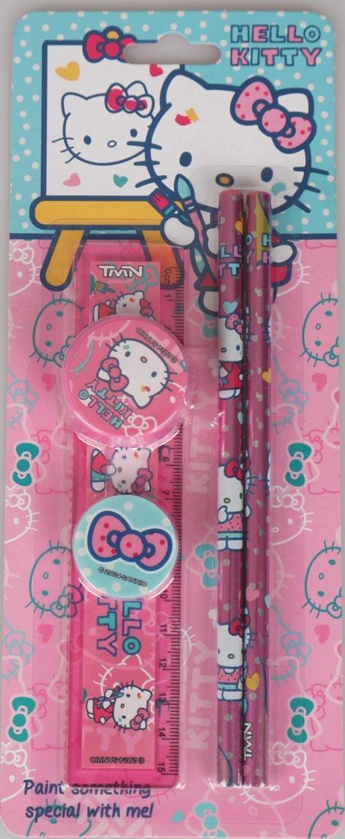 LİSANSLI HELLO KITTY 5'Lİ  KIRTASİYE SETİ CETVEL, 2 ADET KURŞUN KALEM,SİLGİ VE Kalemtıraş