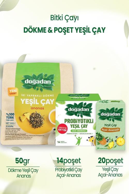 Dökme Yeşil Çay Ananas 50 gr & Açai Ananaslı Bardak Poşet Çay & Probiyotikli Yeşil Çay Açai Ananaslı 14'lü
