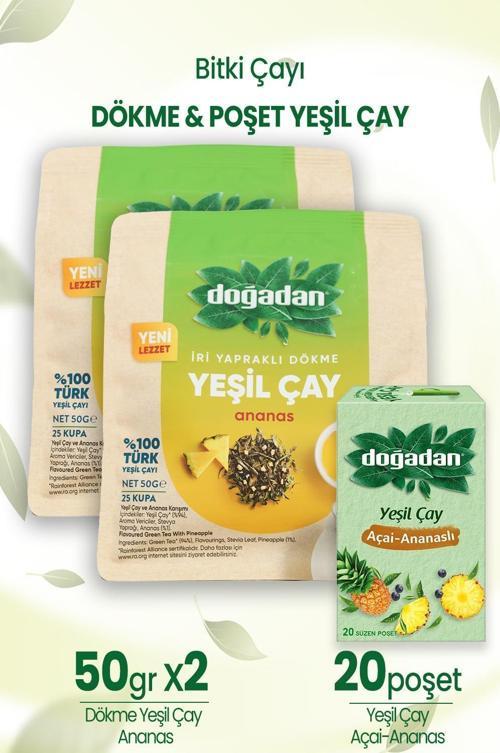 Dökme Yeşil Çay Ananas 50 gr x 2 Adet ve Yeşil Çay Açai Ananaslı Poşet Çay