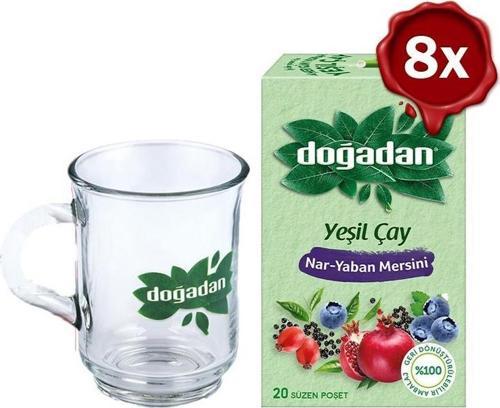 Yeşil Çay Nar Yaban Mersini 20'li Paket x 8 + Doğadan Cam Bardak