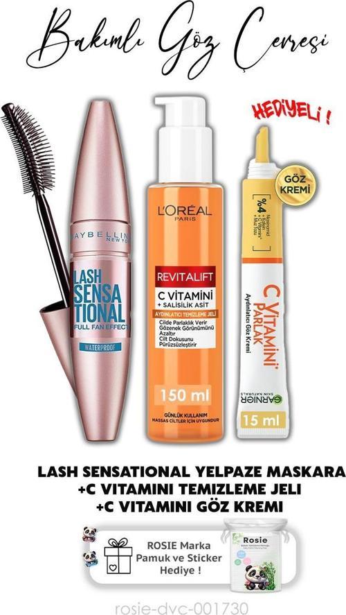 Maybelline Lash Sensational Yelpaze Etkili Intense Maskara, Temizleme Jeli 150 ml,Göz Kremi 15 ml ve ROSIE 