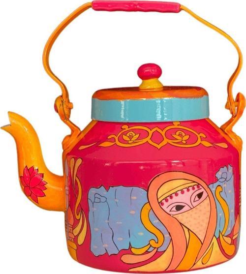 Emaye Demlik El Boyama Pembe Turuncu