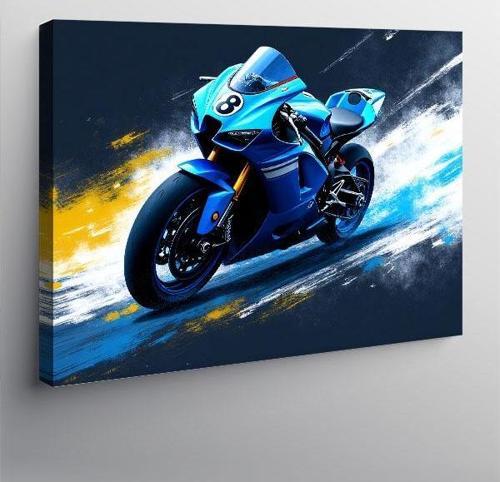 Kanvas Tablo Mavi Yarış Motosikleti Aksiyonu 100cmx140cm
