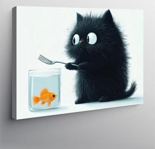 Kanvas Tablo Akvaryum Balıklı Kara Kedi 100cmx140cm