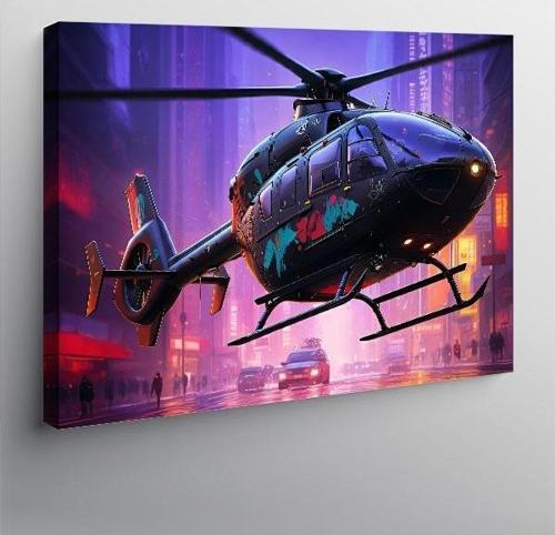 Kanvas Tablo Gece Helikopter Uçuşu 100cmx140cm