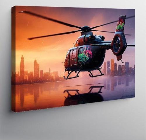 Kanvas Tablo Gece Şehirde Helikopter Uçuşu 100cmx140cm