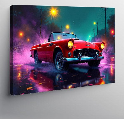 Kanvas Tablo Neon Işıklı Kırmızı Klasik Araba 50cmx70cm