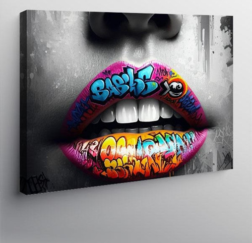 Kanvas Tablo Grafitili Renkli Dudak Çizimi 50cmx70cm