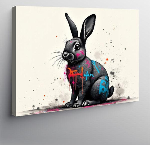 Kanvas Tablo Grafitili Siyah Tavşan Figürü 50cmx70cm