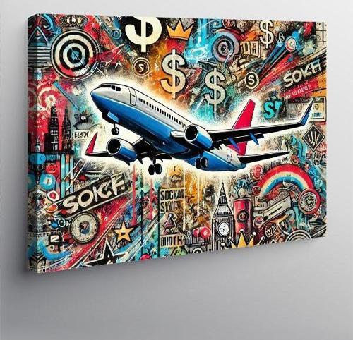 Kanvas Tablo Grafitili Uçak İllüstrasyonu 100cmx140cm