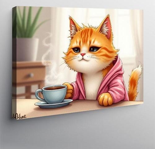Kanvas Tablo Çay İçen Sevimli Kedi 70cmx100cm