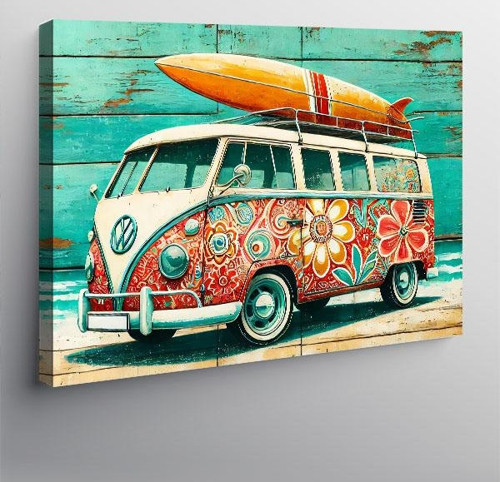 Kanvas Tablo Çiçek Desenli Retro Minibüs 100cmx140cm