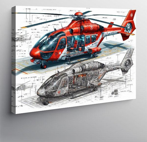 Kanvas Tablo Detaylı Sağlık Helikopteri Çizimi 50cmx70cm