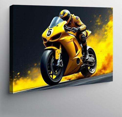 Kanvas Tablo Sarı Yarış Motoru 100cmx140cm