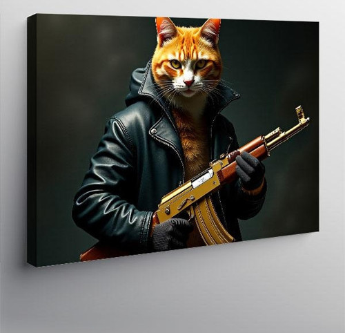 Kanvas Tablo Silahlı Kedi Figürü 70cmx100cm
