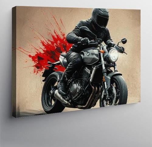 Kanvas Tablo Siyah Motosiklet Aksiyonu 100cmx140cm