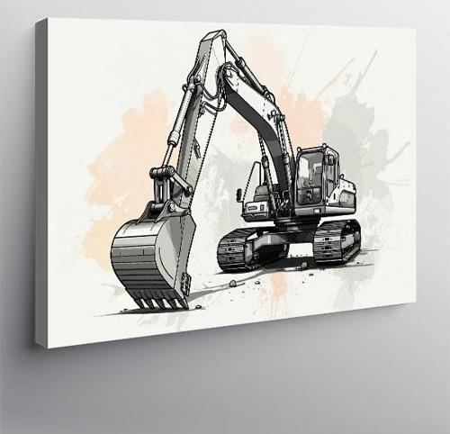 Kanvas Tablo Teknik Ekskavatör Çizimi 100cmx140cm
