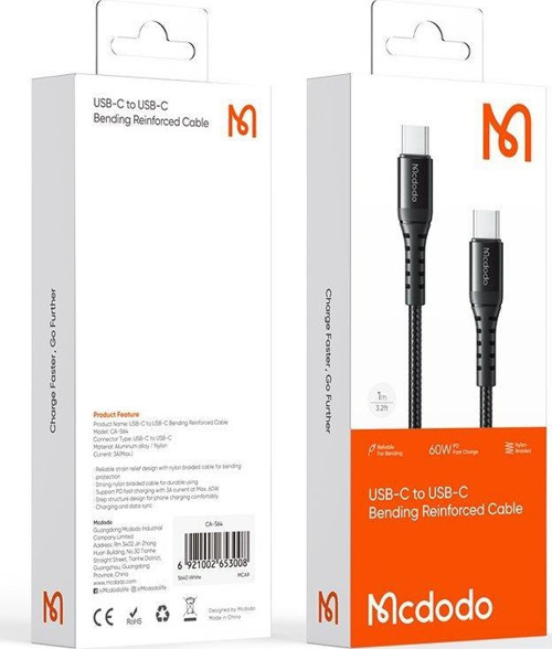 Mcdodo CA-5641 60W 3A Type-C To Type-C Şarj ve Data Kablosu Siyah 1M 8