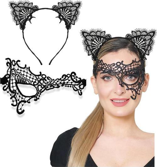 Siyah Renk Dantel Maske ve Dantel Kulak Taç Seti Yetişkin No 13