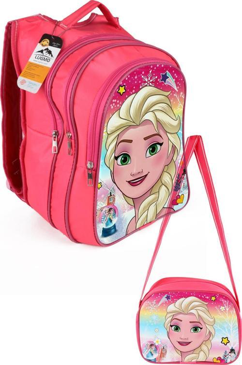 Ortaokul İlkokul Çantası ve Beslenme Çantası 3 Cepli Pedli Elsa Kafa Pembe