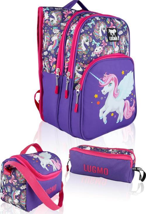 Unicorn 3 Lü İlkokul Çanta Seti  Kız Çocuk Çantası Astarlı Pedli Mor