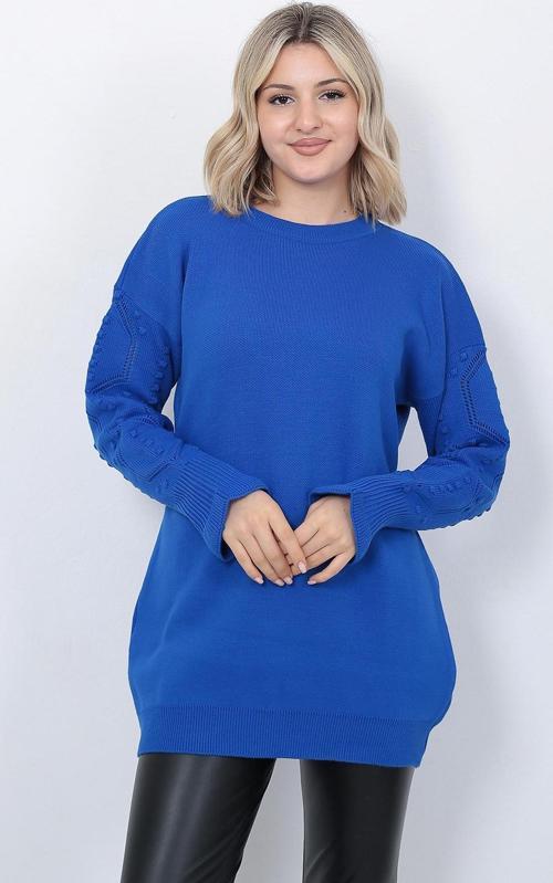 Kadın Triko Kazak Bisiklet Yaka Kolu Desenli Oversize Saks Mavi