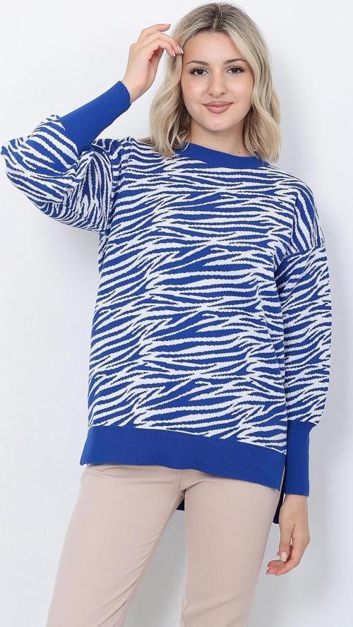 Kadın Triko Kazak Bisiklet Yaka Zebra Desenli Oversize Yırtmaçlı Saks Mavi