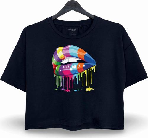 Renkli Dudak Baskılı Oversize Crop Tişört