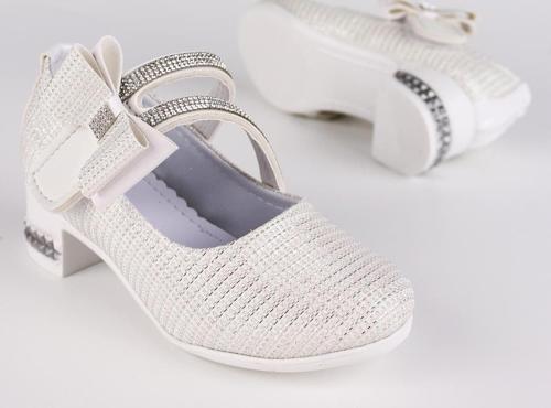 Kız Çocuk Ayakkabı Papyonlu Babet Taşlı Simli Beyaz