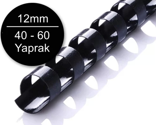 12mm Siyah Plastik Spiral 40-60 Yaprak Kapasiteli (100 lü Kutu)