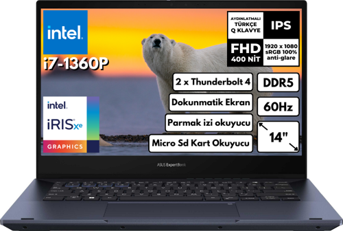 ExpertBook B5 Flip i7-1360P 8-GBDDR55 512 GB SSD 14" FHD IPS Touch Windows 11 Pro B5402FVA-I7161TBB1D BT36