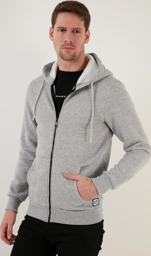 Slim Fit Kapüşonlu Fermuarlı İçi Tüylü Yumuşak Şardonlu Kışlık Erkek Sweat 5905340 GRİ MELANJ