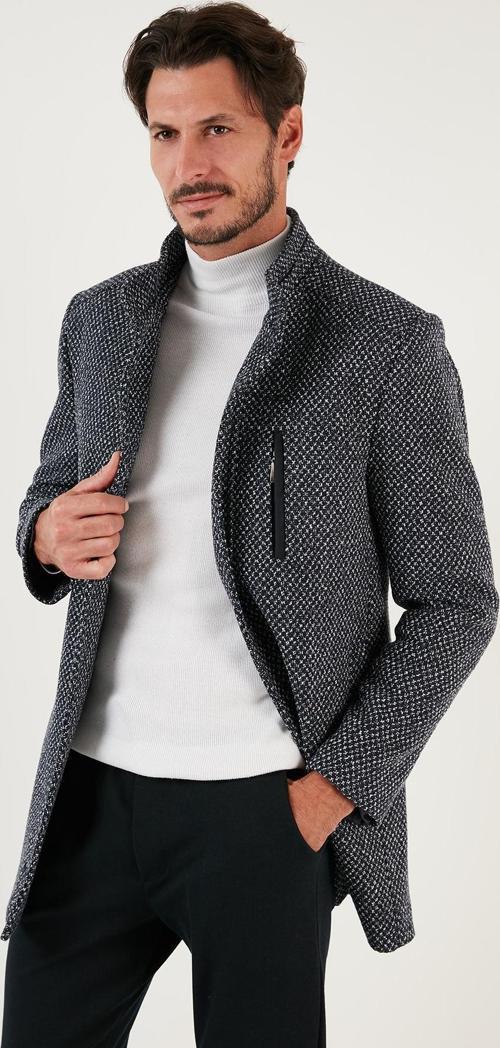 Düğmeli Dik Yaka Kırçıllı Slim Fit Kaşe Erkek Kaban 5841016 Lacivert Noktalı