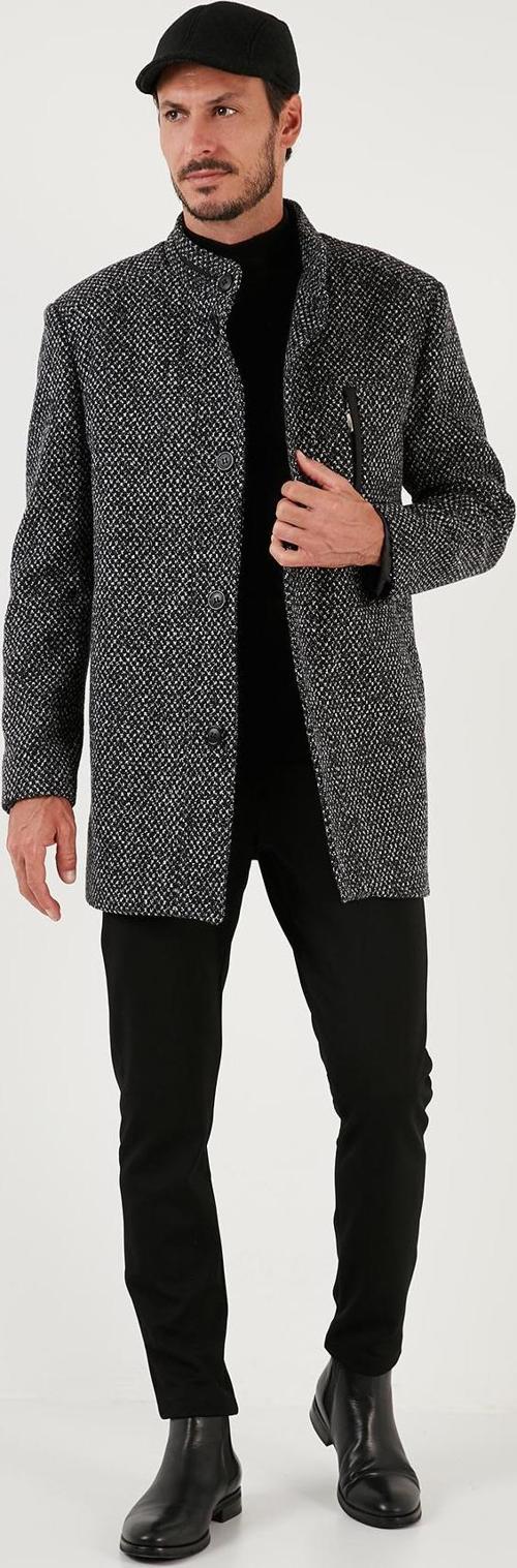 Düğmeli Dik Yaka Kırçıllı Slim Fit Kaşe Erkek Kaban 5841016 Siyah Noktalı