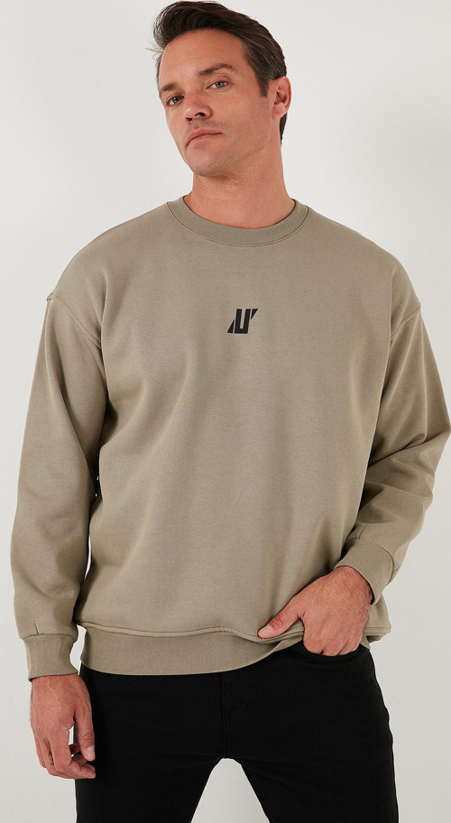 Regular Fit Bisiklet Yaka Pamuklu İçi Tüylü Yumuşak Şardonlu Erkek Sweat 5905405 Vizon Yeşili