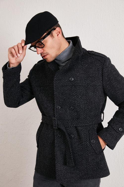 Slim Fit Cepli Pamuklu Kaşe Erkek Kaban 5841015 Antrasit Noktalı
