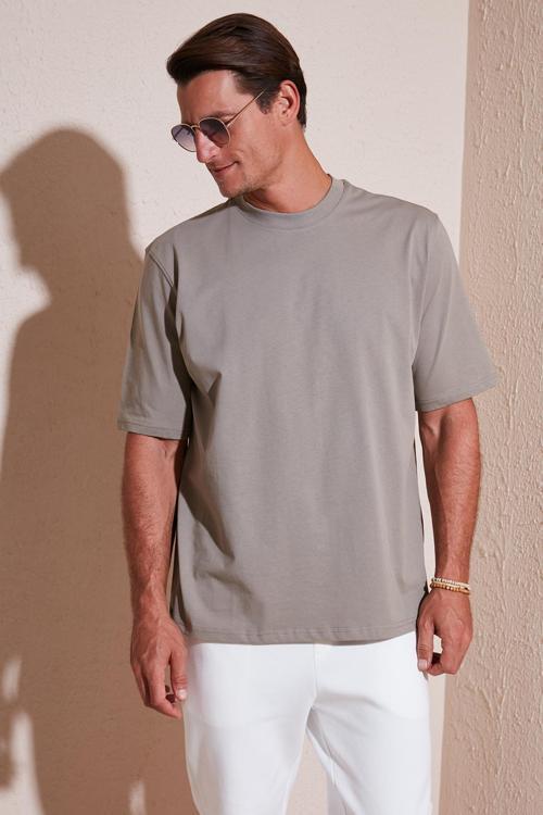 Pamuklu Oversize Bisiklet Yaka Basic Erkek T Shirt 5902365 Vizon Yeşili