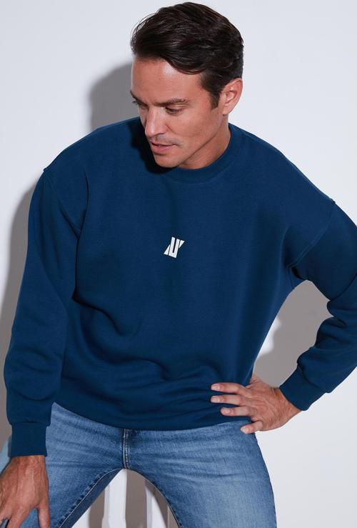 Regular Fit Bisiklet Yaka Pamuklu İçi Tüylü Yumuşak Şardonlu Erkek Sweat 5905405 İNDİGO