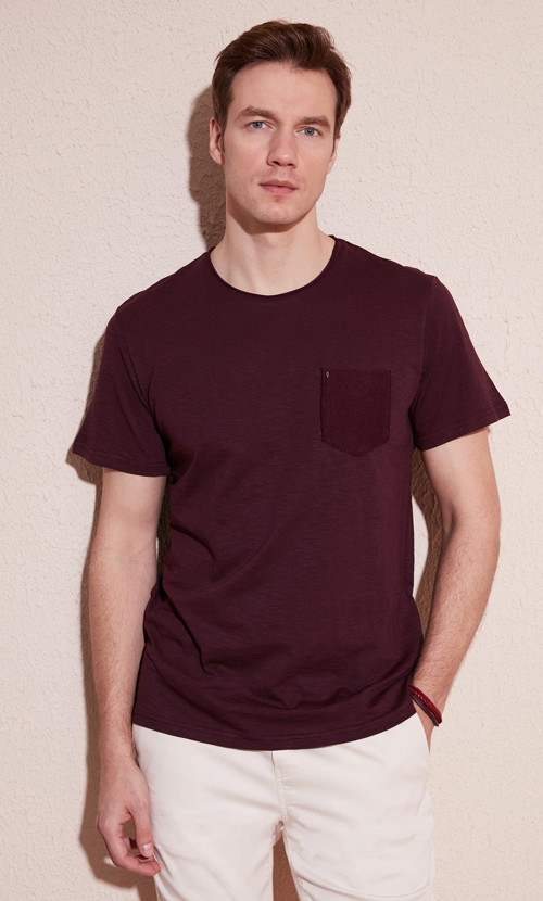 % 100 Pamuklu Slim Fit Bisiklet Yaka Cepli Erkek T Shirt 5902000 VİŞNE