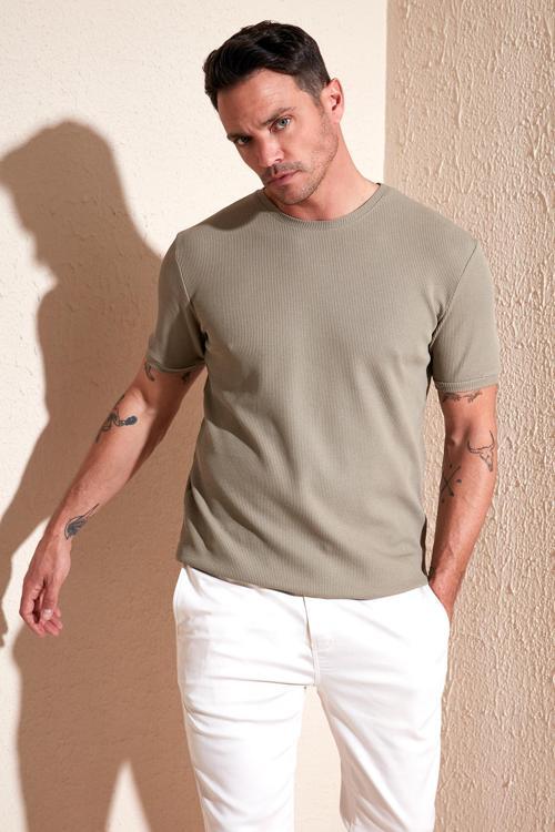 Pamuklu Bisiklet Yaka Regular Fit Basic Erkek T Shirt 5902759 Vizon Yeşili