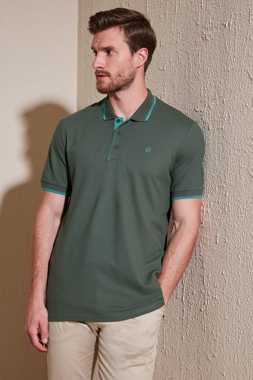 % 100 Pamuk Düğmeli Slim Fit Erkek Polo Yaka T Shirt 5902118 Haki-Mint