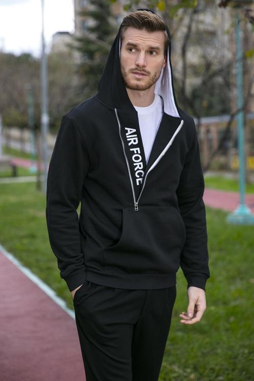 Kanguru Cepli Fermuarlı Kapüşon Yaka Slim Fit Erkek Sweat 575707 SİYAH-SİYAH