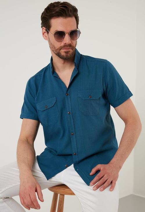 Düğmeli Yaka % 100 Pamuk Slim Fit Cepli Erkek Gömlek CF21S111153 İNDİGO