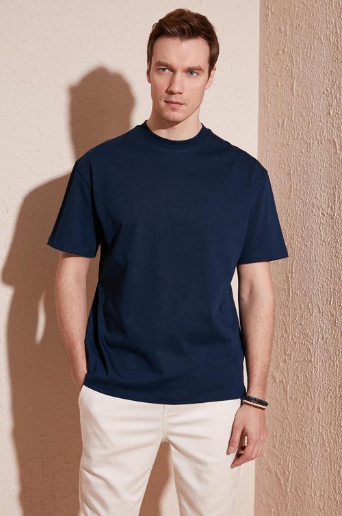 Pamuklu Relaxed Fit Sıfır Yaka Erkek T Shirt 5905446 İNDİGO