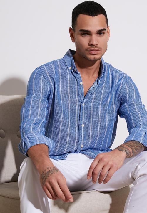 Pamuklu Çizgili Regular Fit Düğmeli Yaka Erkek Gömlek CF21S112480 SAKS-BEYAZ