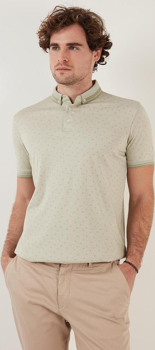 Pamuk Karışımlı Desenli Slim Fit Erkek Polo Yaka T Shirt 646B3250 ELMA YEŞİLİ