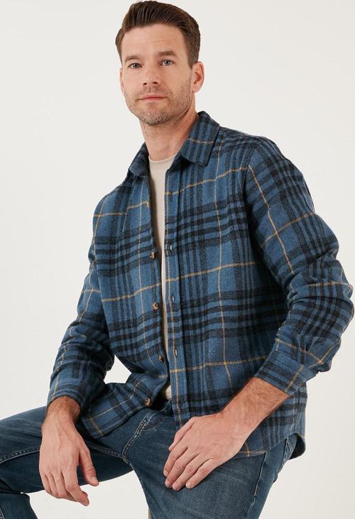 Ekoseli Uzun Kollu Slim Fit Kışlık Erkek Gömlek CF21W112844 İNDİGO