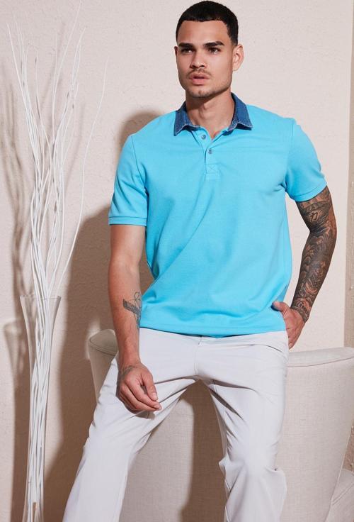 % 100 Pamuk Düğmeli Regular Fit Erkek Polo Yaka T Shirt 5902134 AQUA-MAVİ