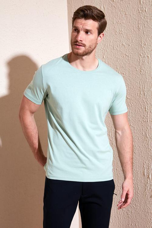 Pamuklu Slim Fit Bisiklet Yaka Erkek T Shirt 646R7940 ELMA YEŞİLİ